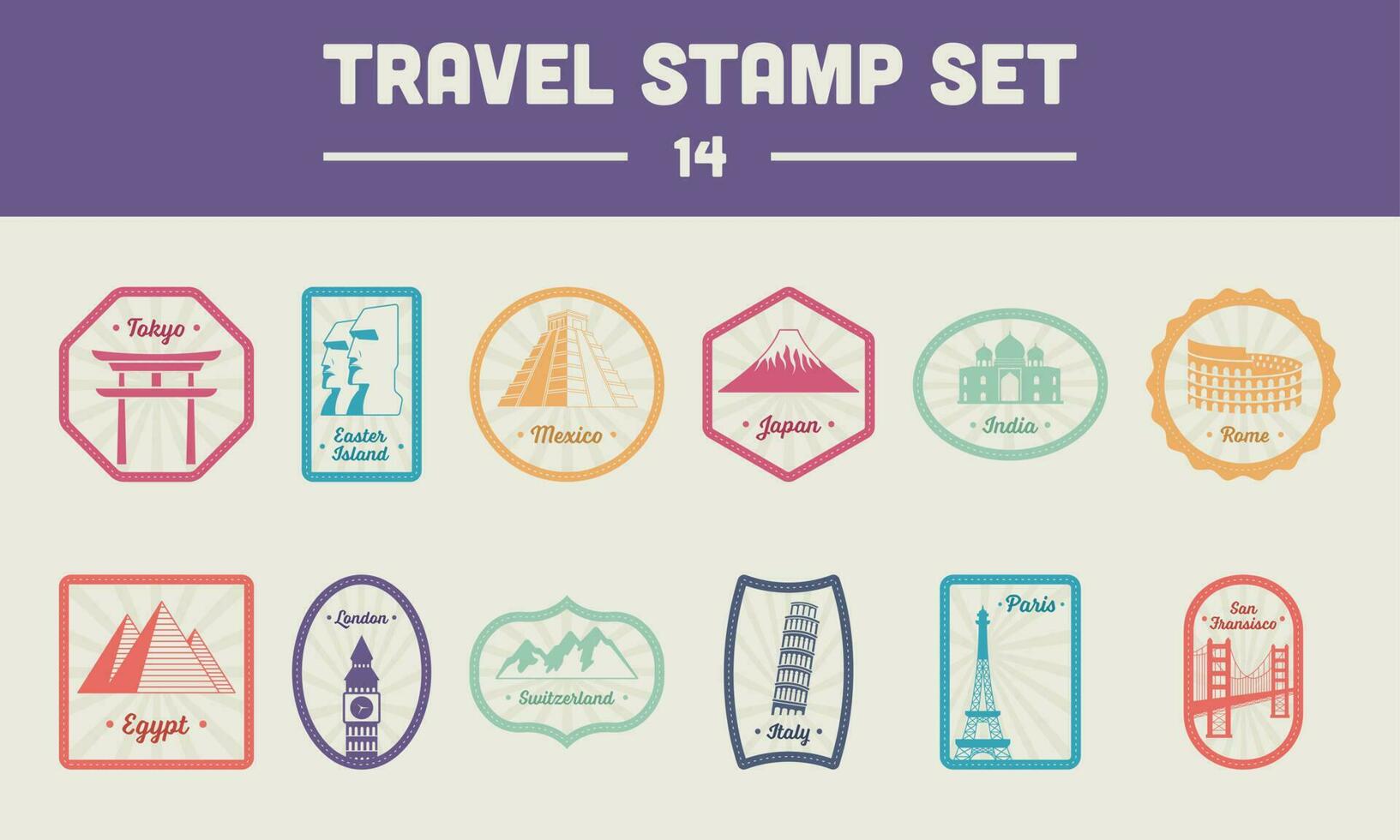 Colorful Collection Of Country Or City Travel Stamps With Monuments In Frame. vector