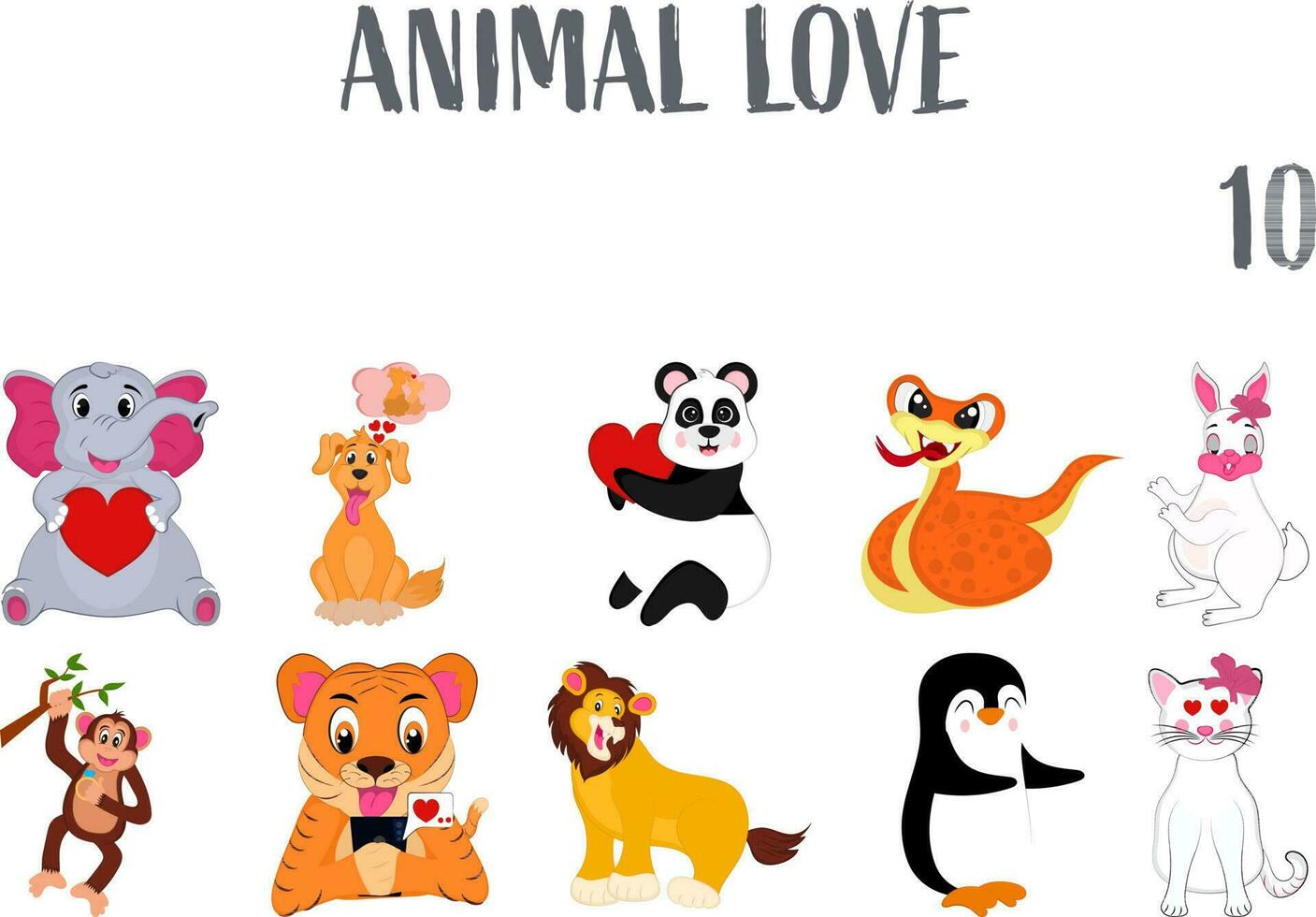 10 Cute Animal Character Love or Valentine Set On White Background. vector