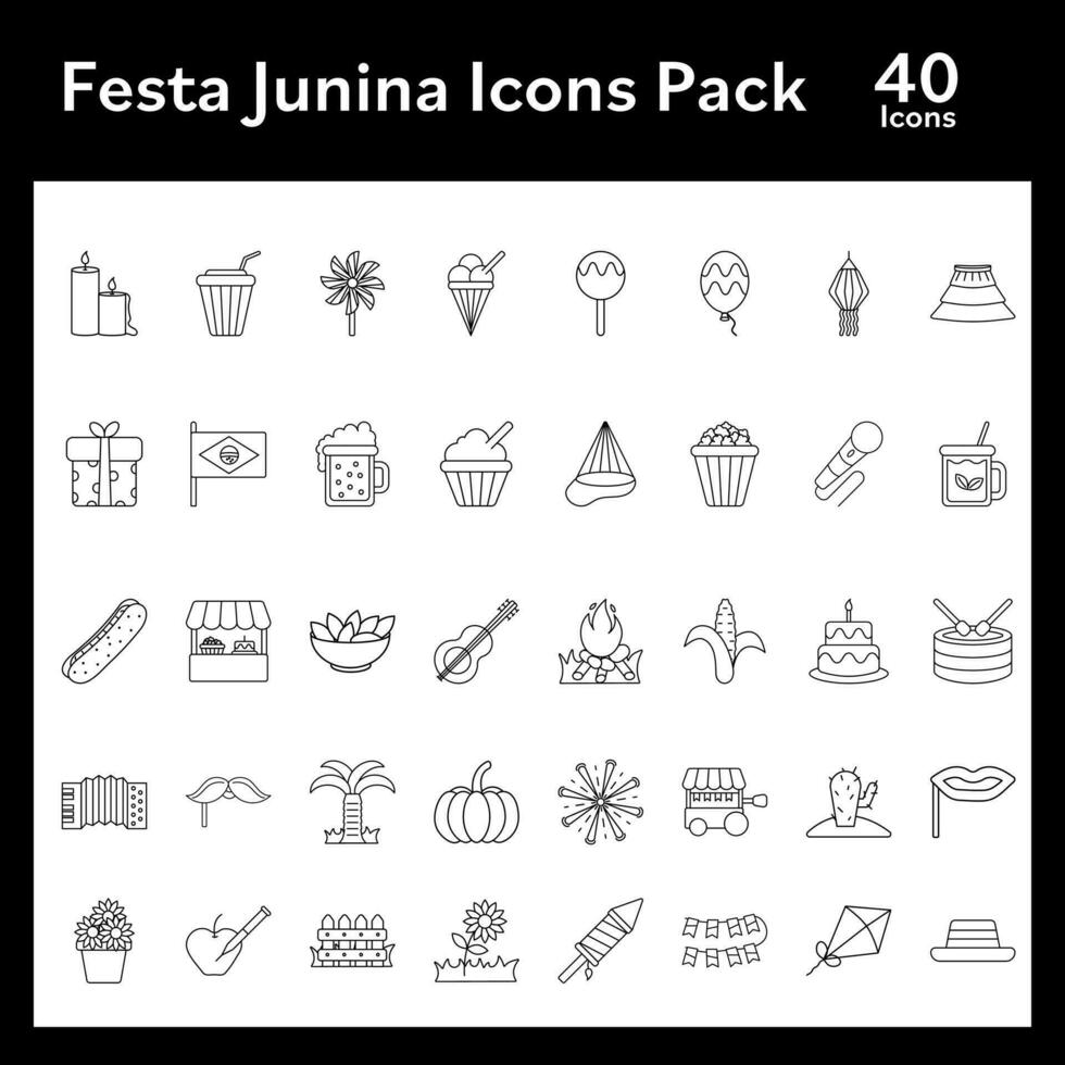 Black Line Art Set of Festa Junina Icon In Flat Style. vector