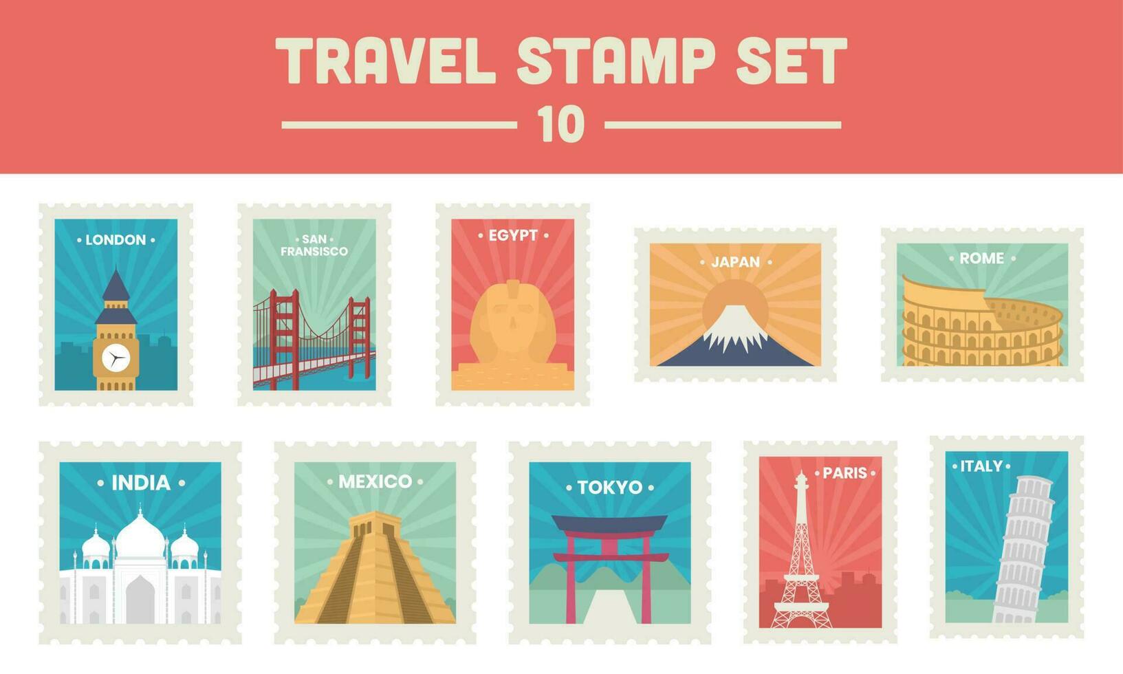 World Monument For Travel Stamp Or Ticket Collection vector