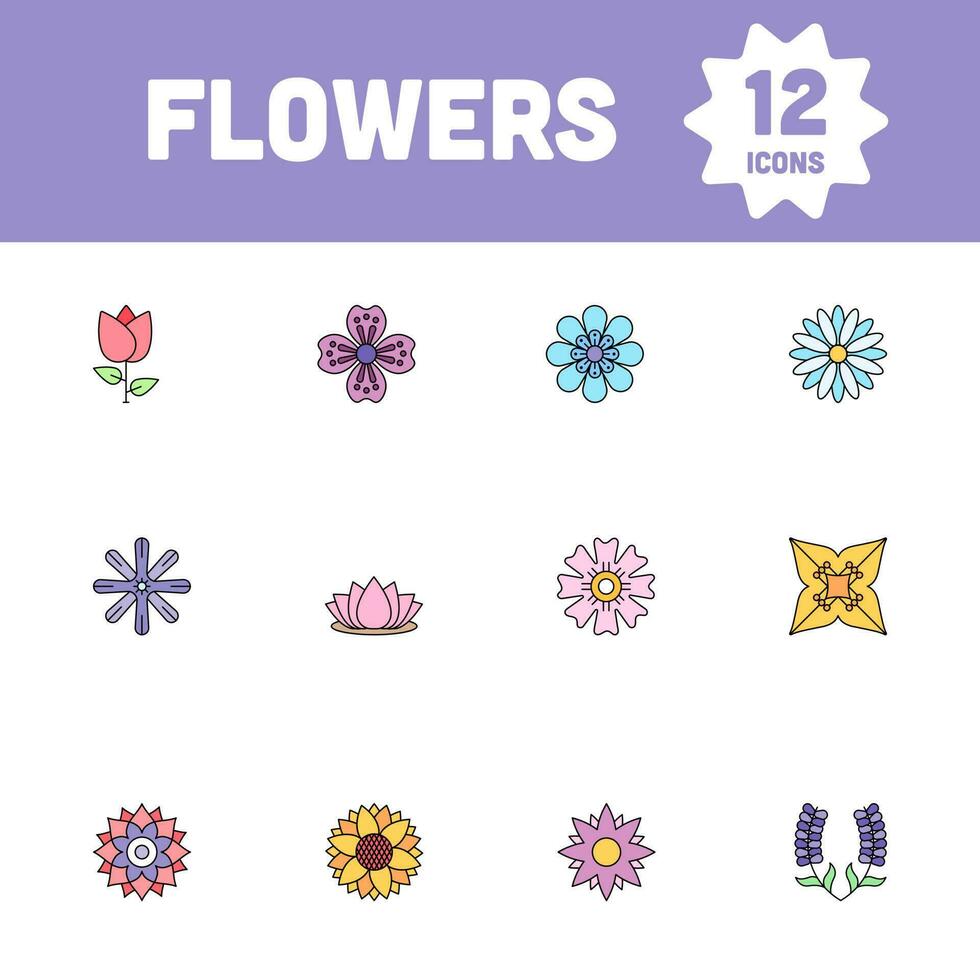 Colorful Flowers Icon Set on White Background. vector