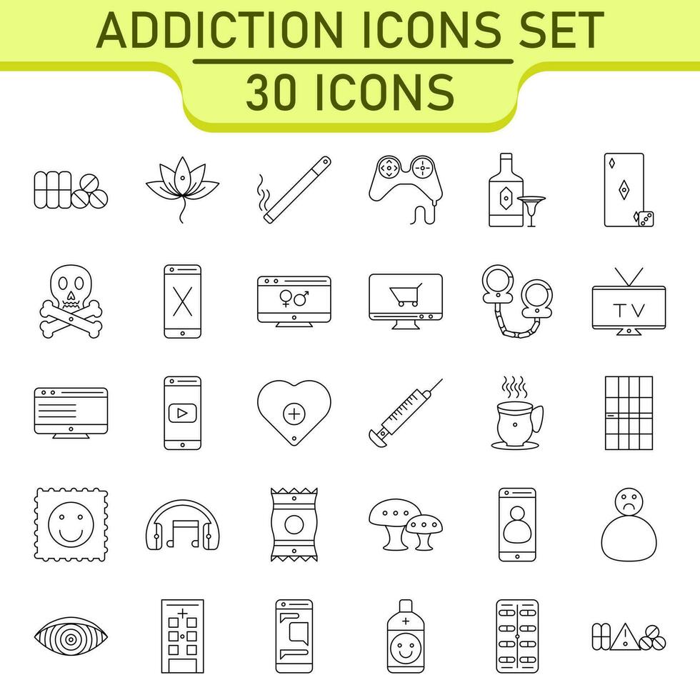 Black Line Art Set of Addiction Icon In Flat Style. vector