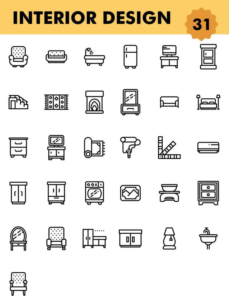 31 Home Decoration or Interior Design Accessory Objects Icon Set in Black Outline. vector