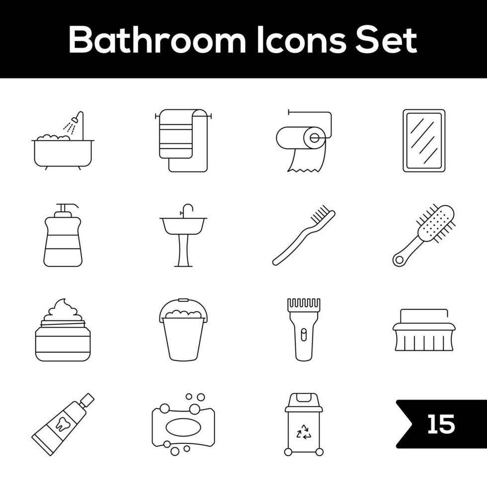 Black Outline 15 Bathroom Icons on White Background. vector