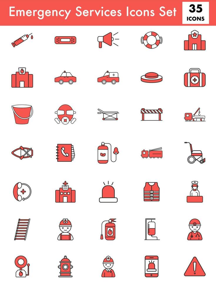 rojo y blanco color conjunto de emergencia Servicio icono en plano estilo. vector