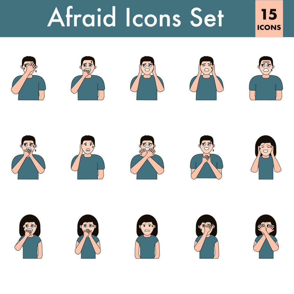 Blue And Peach Color Set of Afraid Man And Woman Character In Flat Style. vector