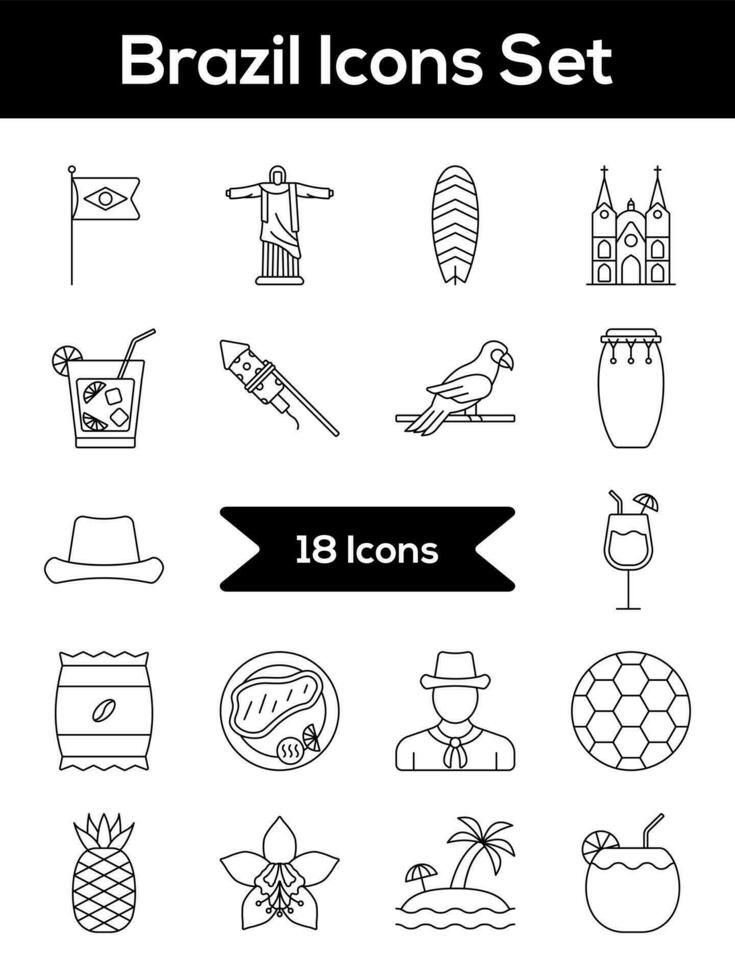 Black Outline Brazil Icon Set on White Background. vector