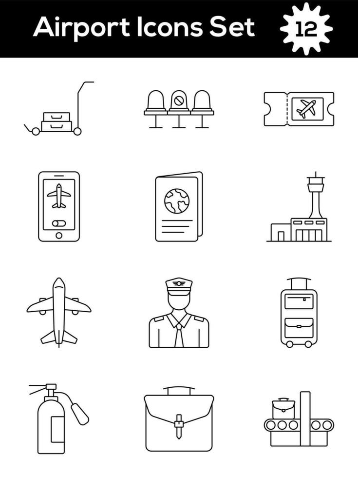 Black Line Art Set Of Airport Icon In Flat Style. vector