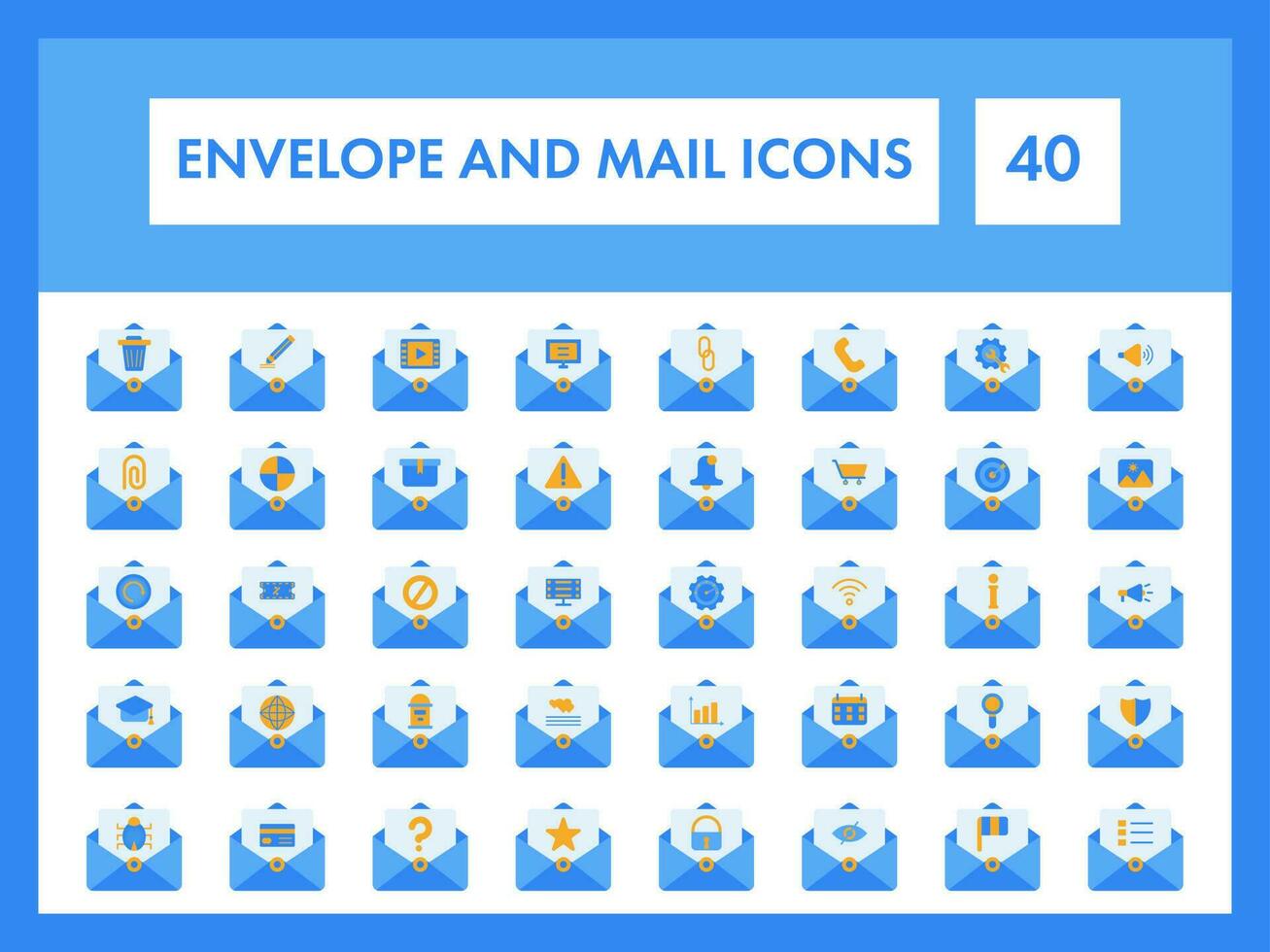Mail or Message Icon Set in Yellow and Blue Color. vector