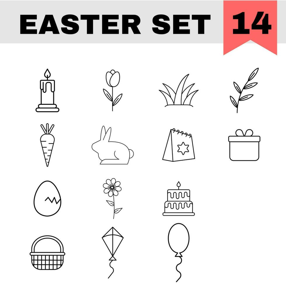 Black Line Art Easter Icon Set on White Background. vector