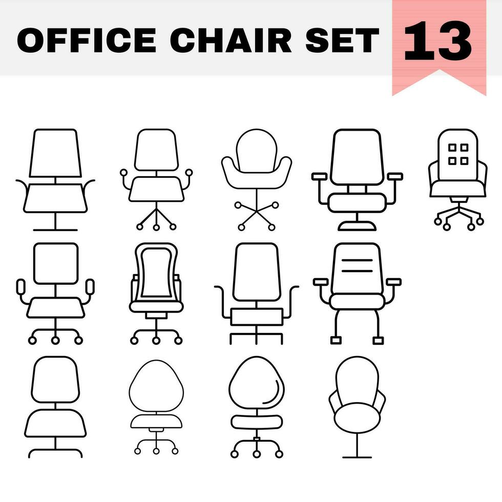 Black Line Art Office Chair Icon Set On White Background. vector