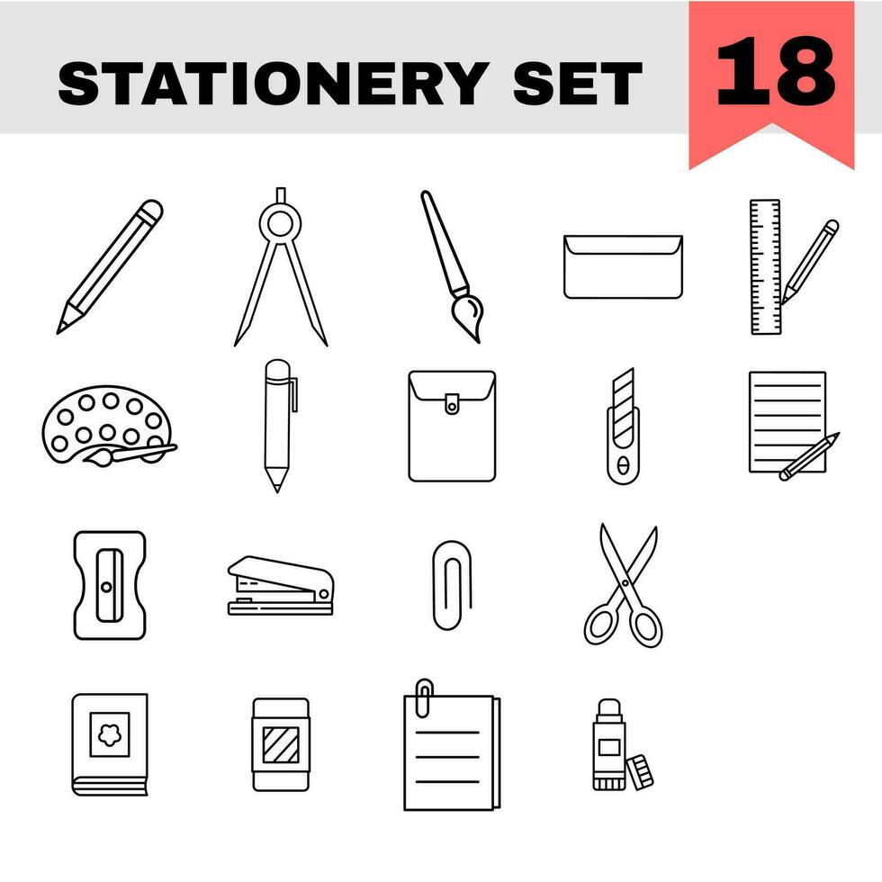 18 Stationery Icons In Black Line Art. vector