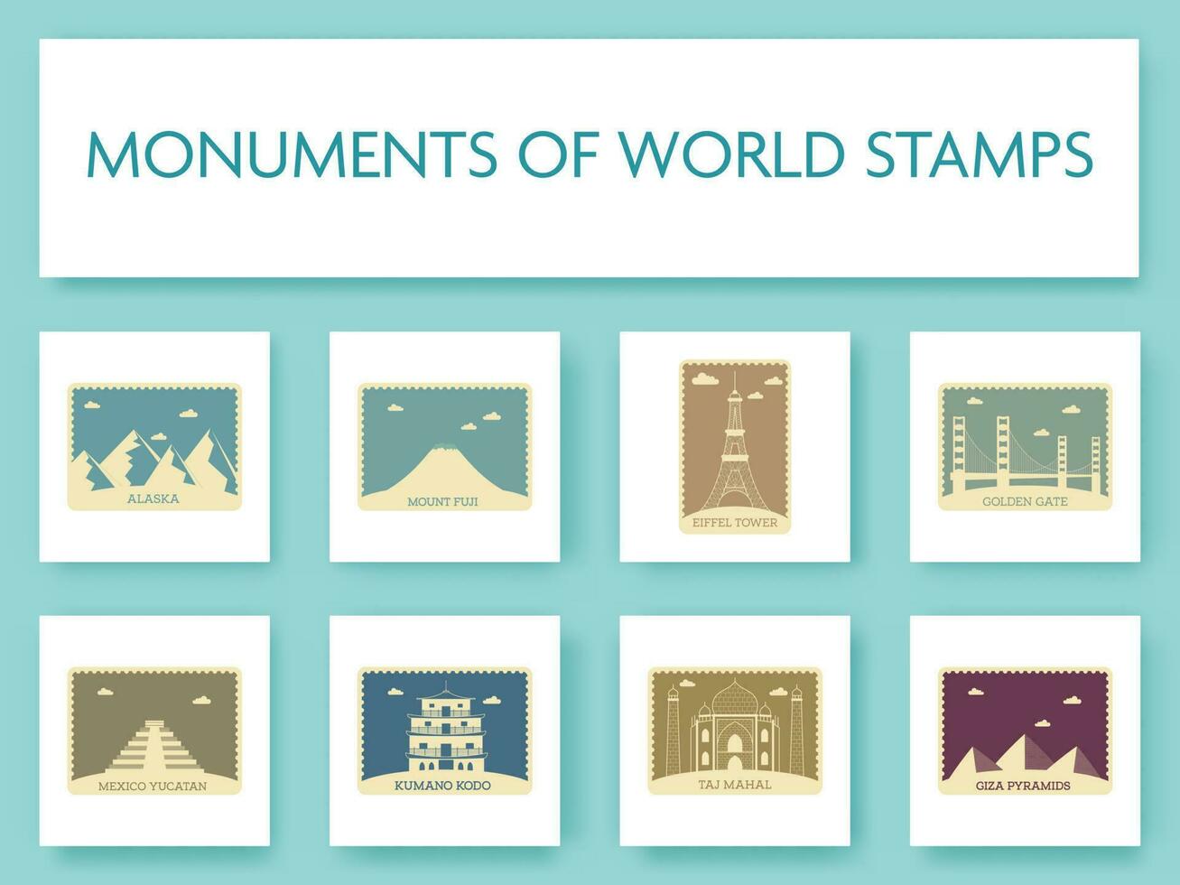 World Country Monument Stamp Or Ticket Collection On Turquoise Square Background. vector