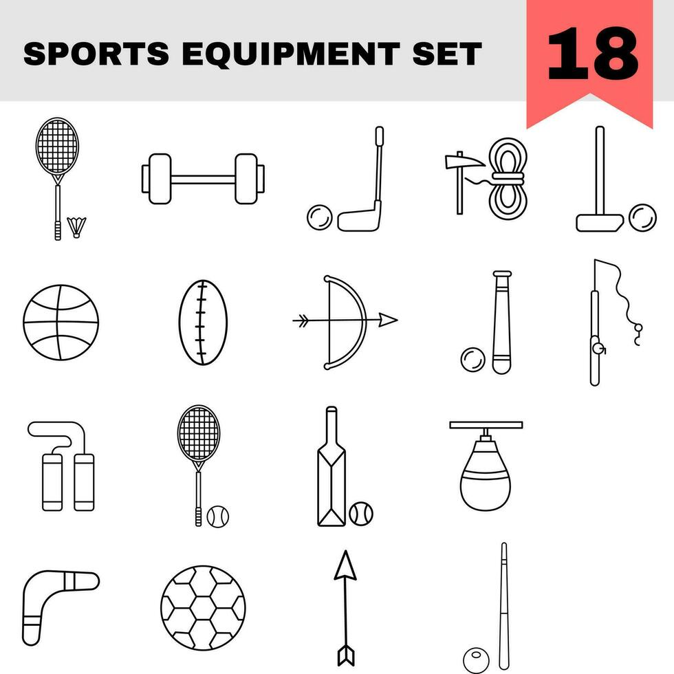 Black Line Art Sports Equipment Icon Set On White Background. vector