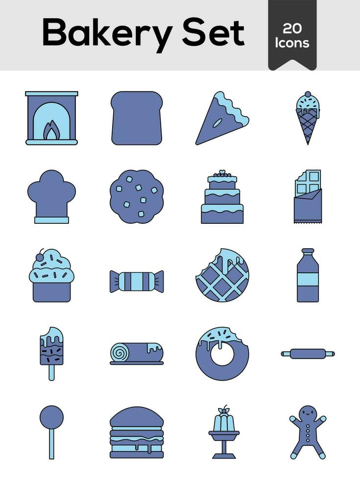 Flat Style Bakery Icon Set In Blue Color. vector