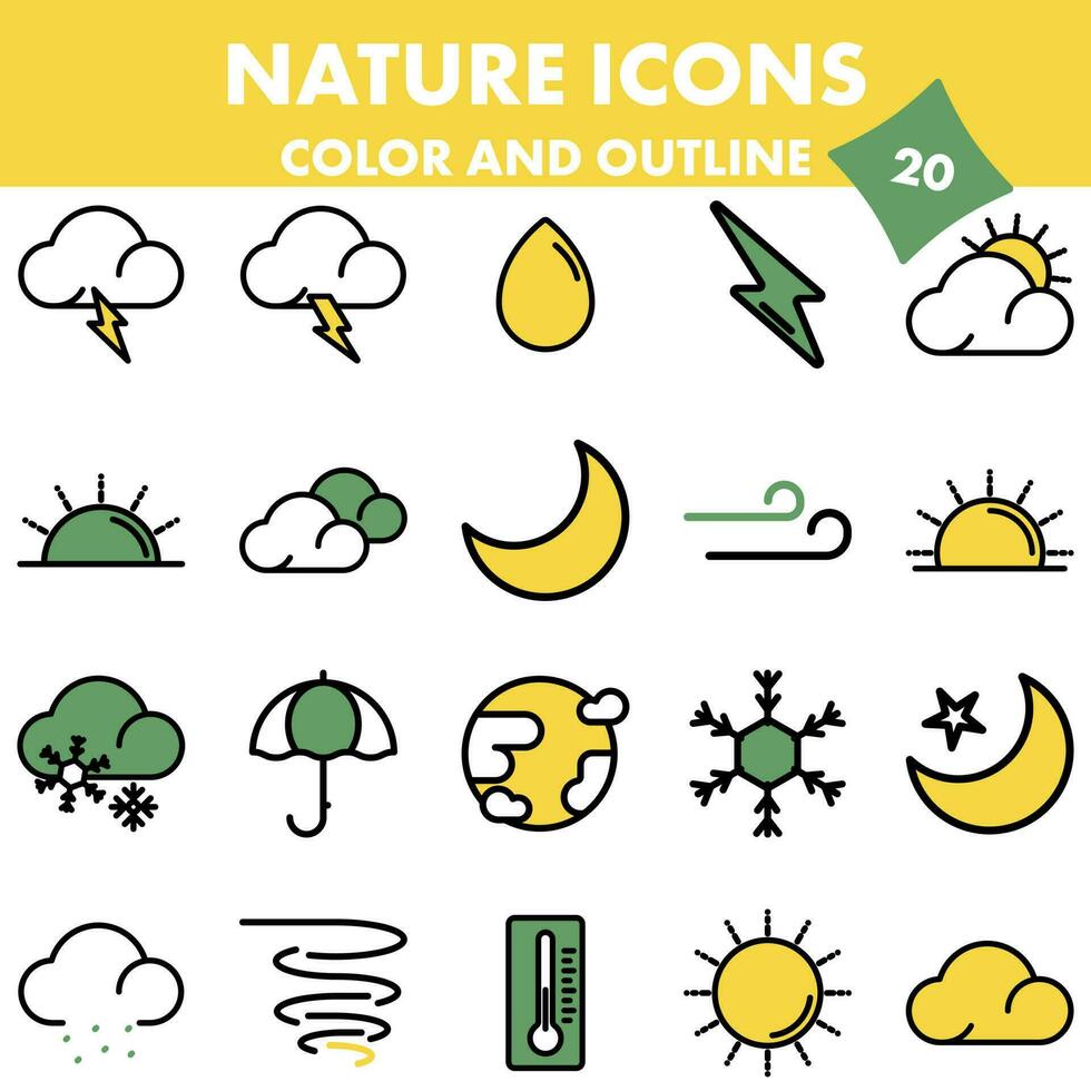 20 Atmosphere Nature Icons In Color and Black Outline. vector