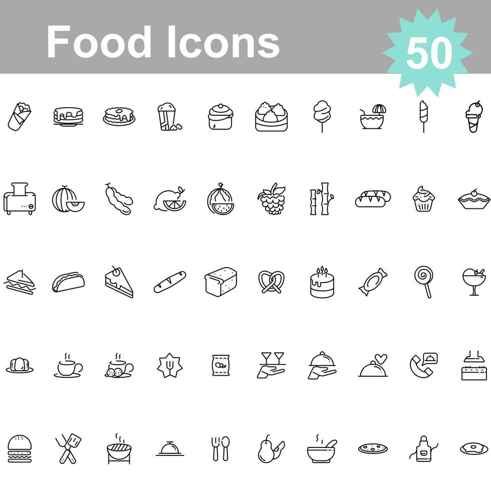 Black Line Art Food Icon Set On White Background. vector