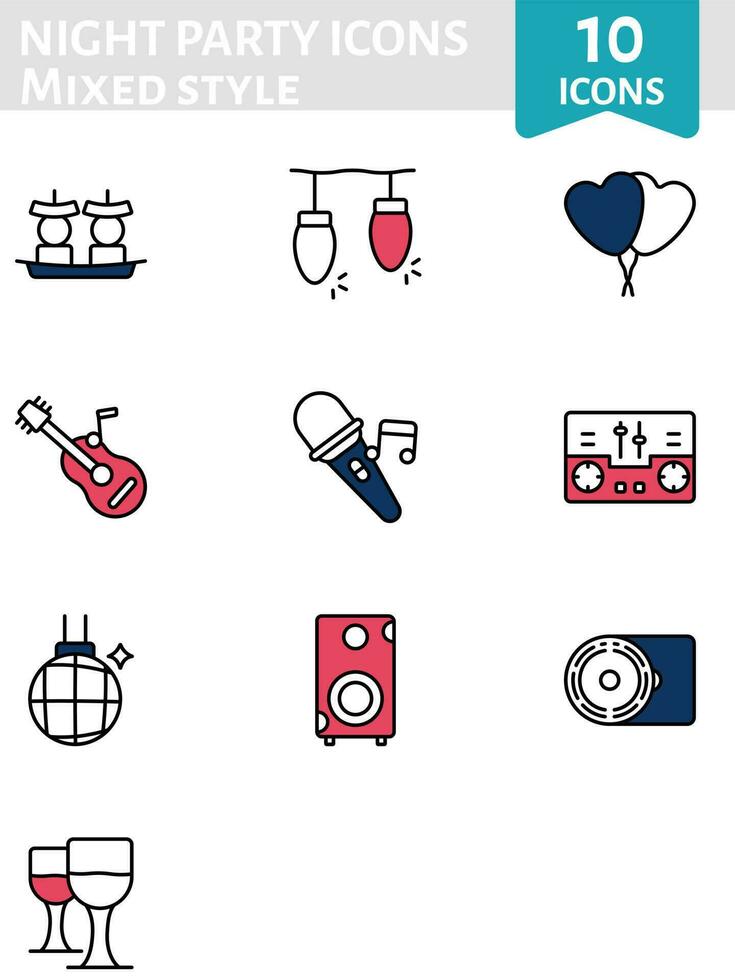 Illustration of Night Party Icon Pack in Flat Style. vector