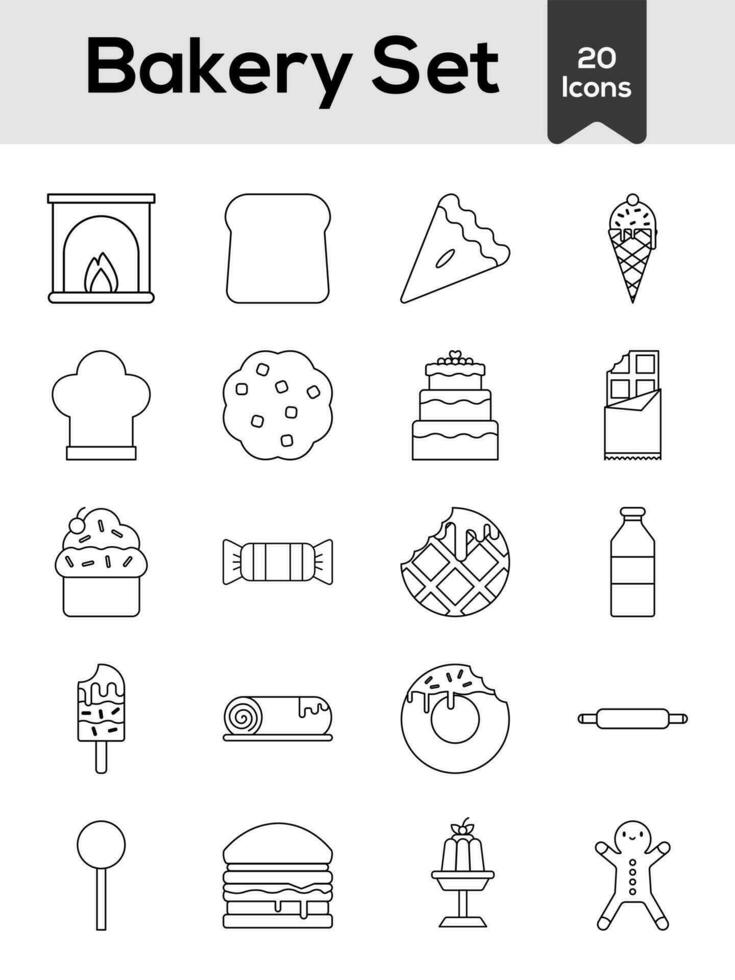 Black Line Art Illustration Of Bakery Icon Set On White Background. vector