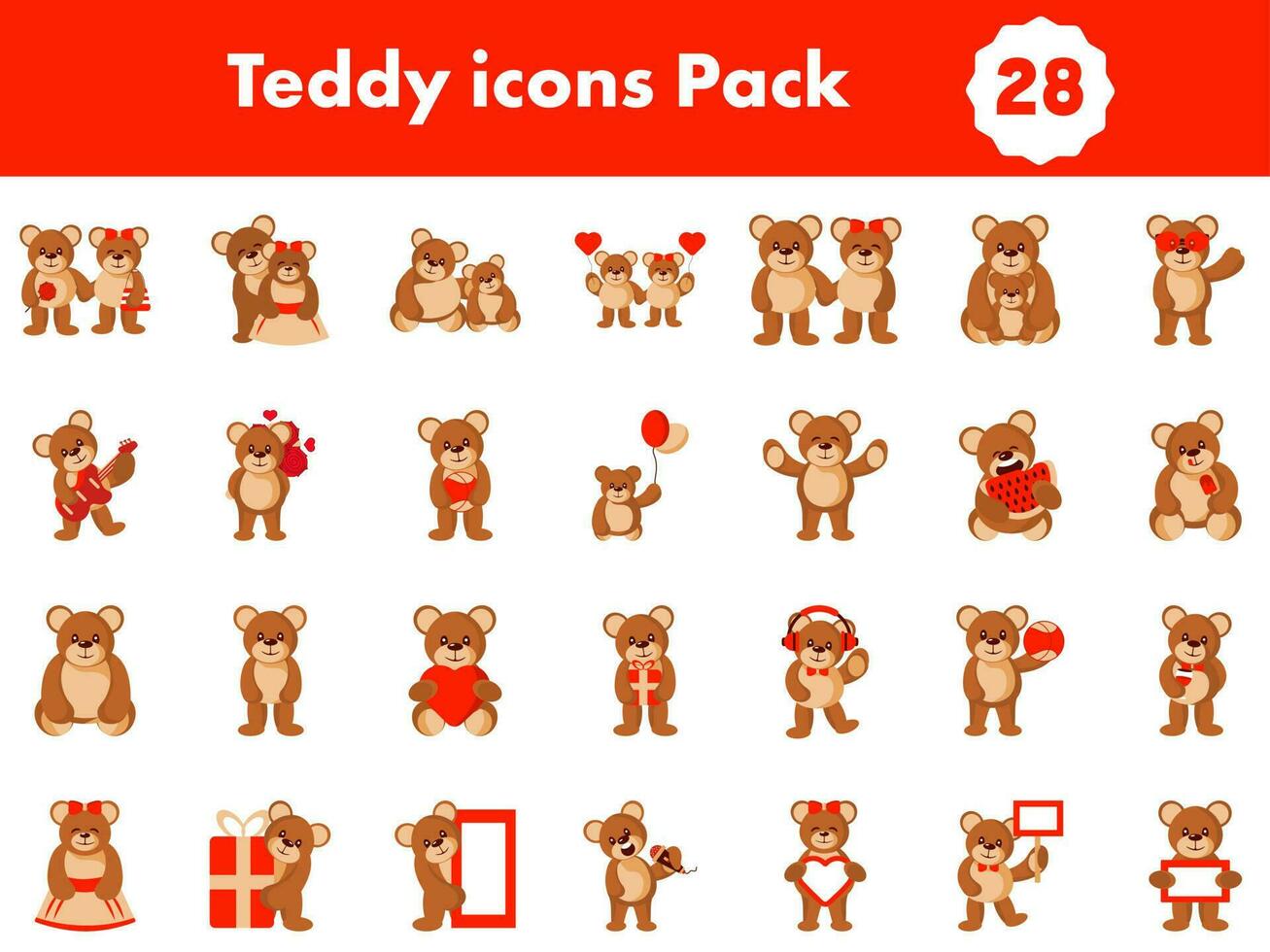 Set Of Teddy Bear Icons In Red And Brown Color. vector