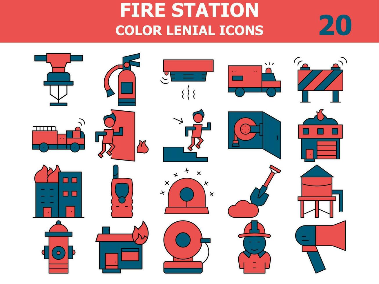 rojo y azul color conjunto de fuego estación icono en plano estilo. vector