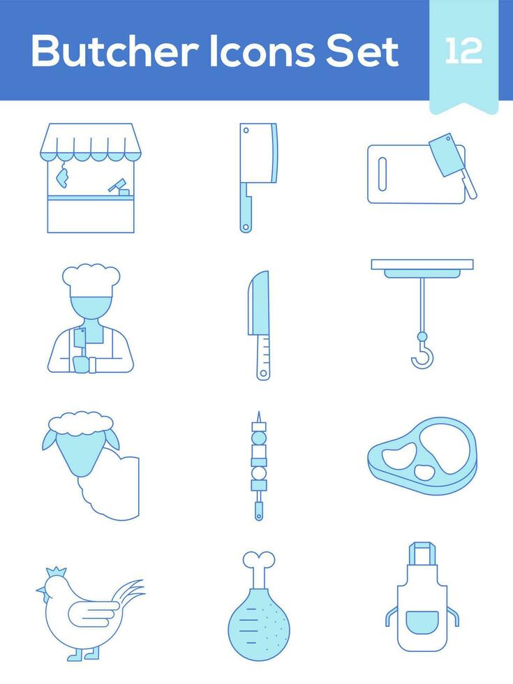 Set Of Butcher Icon Or Symbol In Blue And White Color. vector