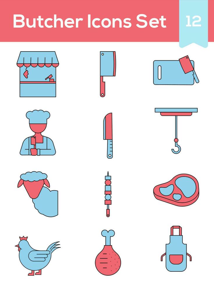 Set Of Butcher Icon Or Symbol In Blue And Red Color. vector