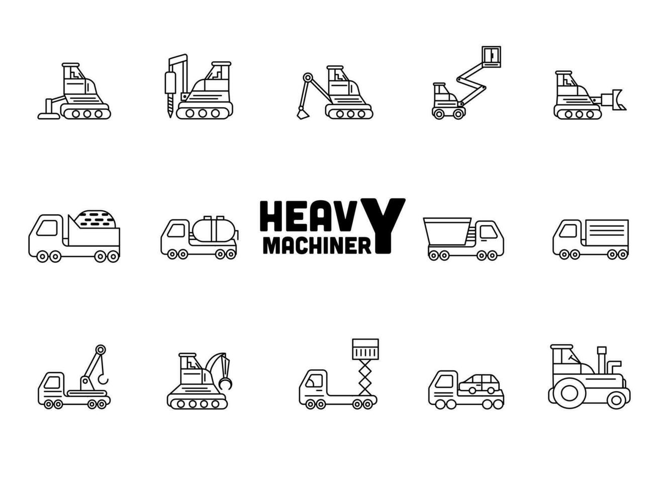 Illustration Of Heavy Machinery Icons Set In Stroke Style. vector
