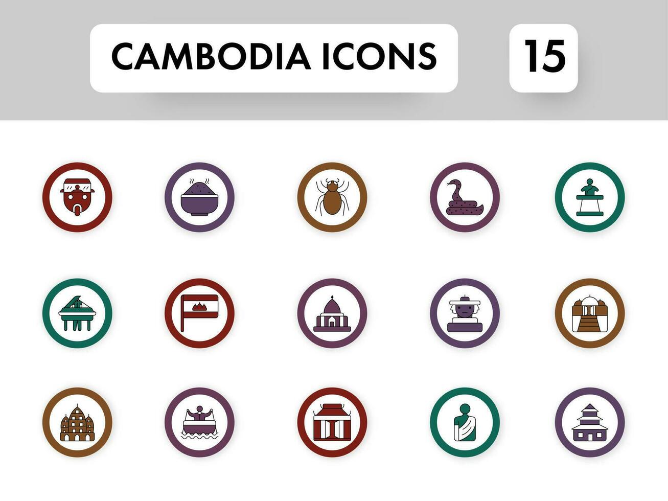 Coloful Set Of Cambodia Icon On White Background. vector