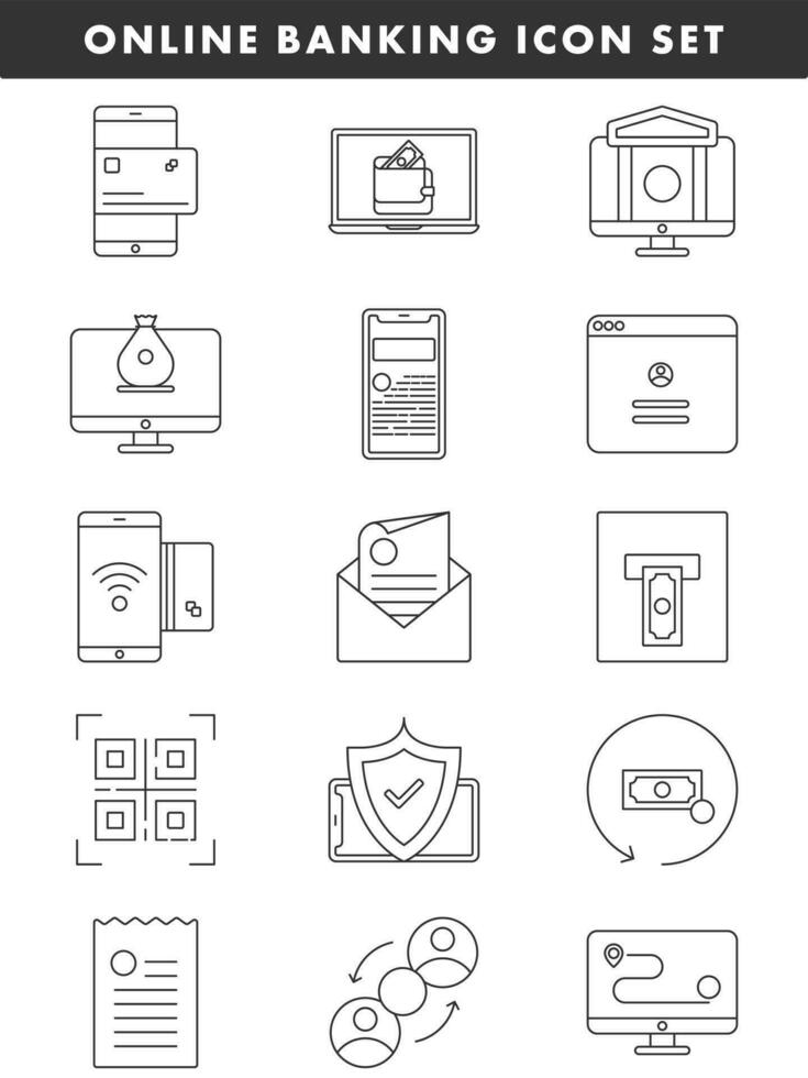 Flat Style Online Banking Icon Set In Black Line Art. vector