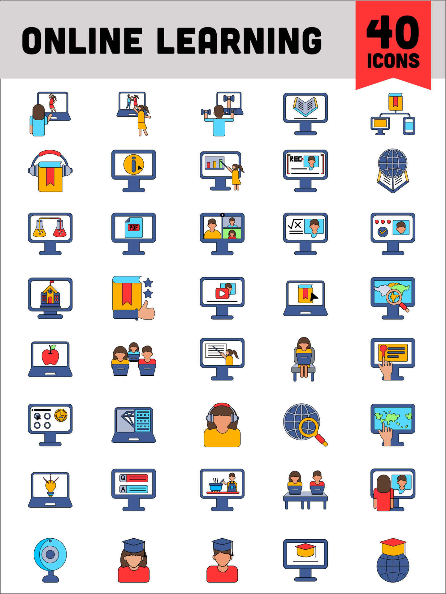 Colorful Online Learning Icon Set on White Background. 24482670 Vector ...