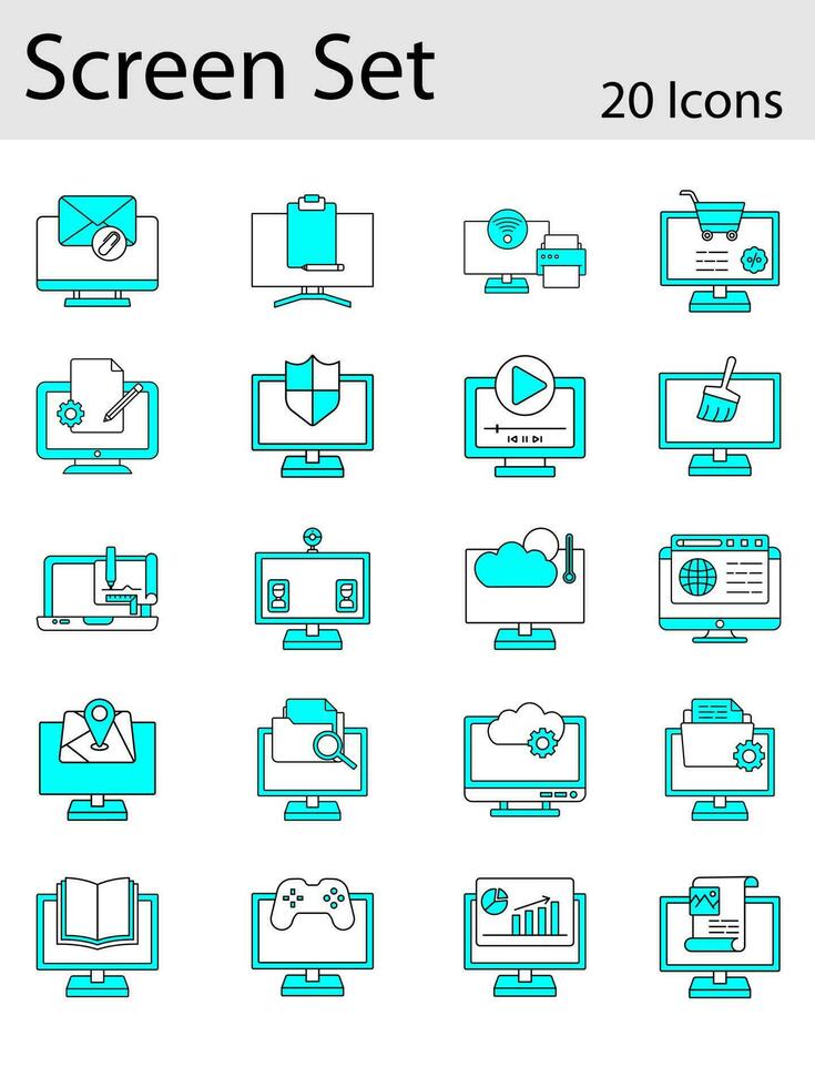 Set Of Screen Icons Or Symbol In Cyan And White Color. vector