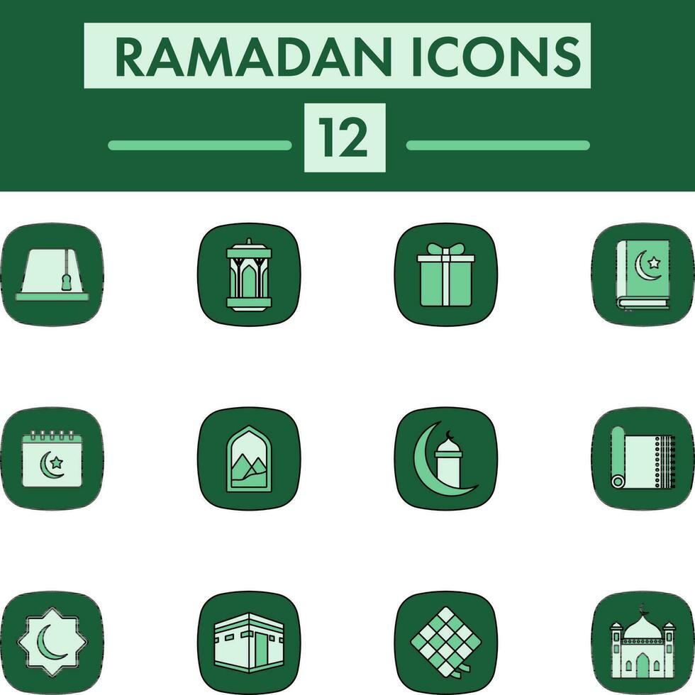 Flat Style Set of Ramadan Icon In Green Color. vector