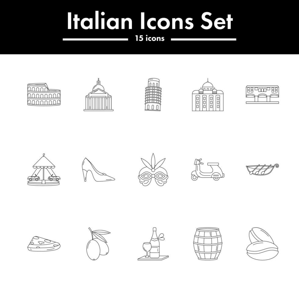 negro línea Arte conjunto de italiano icono en plano diseño. vector