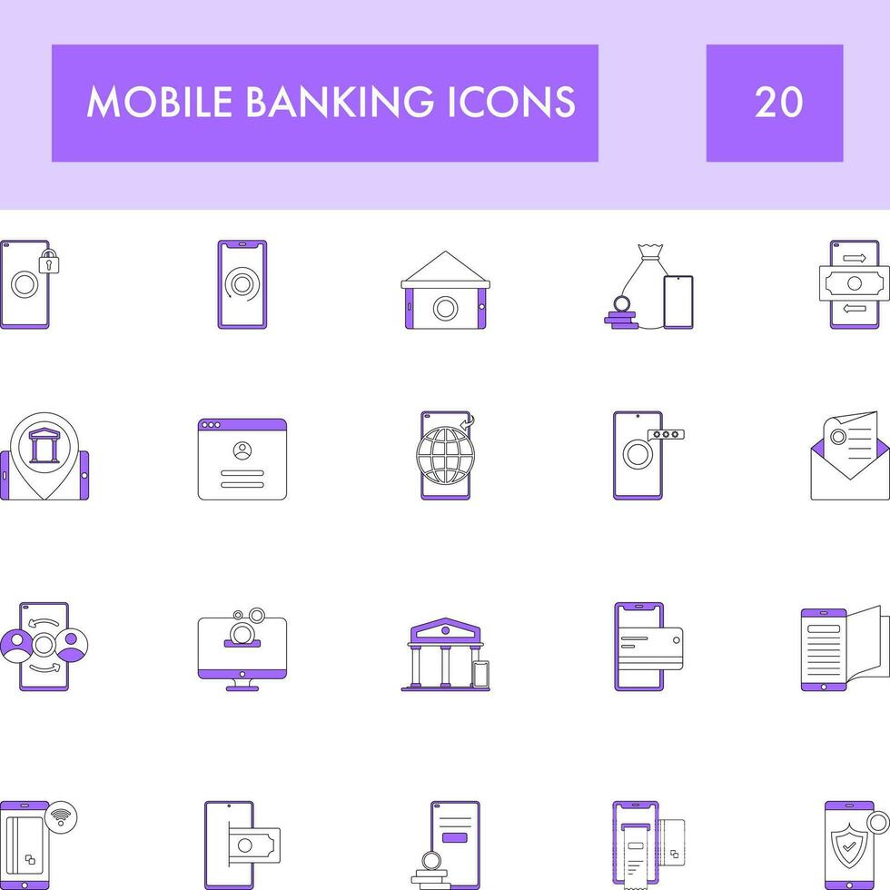 Purple And White Color Set of Mobile Banking Icon In Flat Style. vector