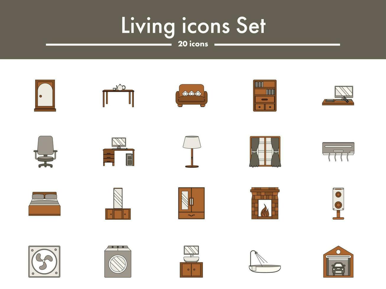 Illustration Of Living Icon Set In Gray And Brown Color. vector