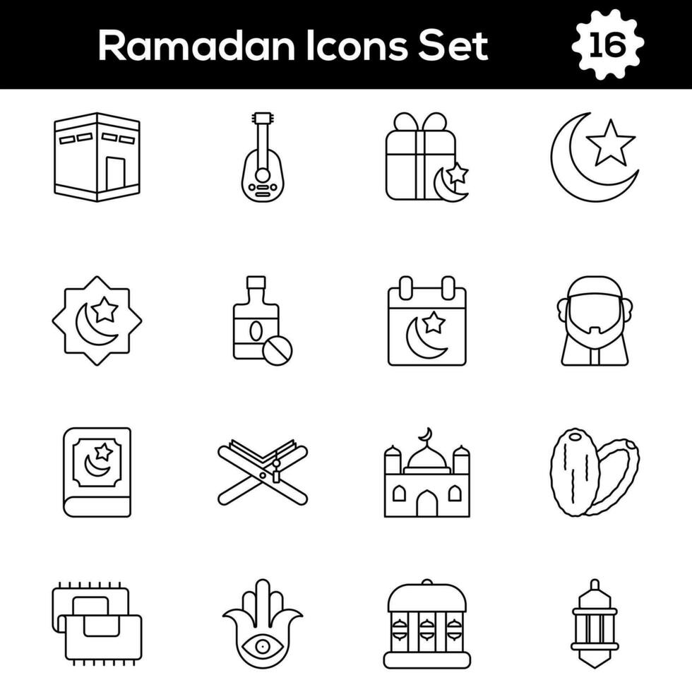 Black Line Art Set of Ramadan Icon In Flat Style. vector