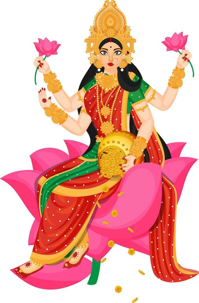 Hindu Mythological Goddess Lakshmi Mata on lotus flower. vector