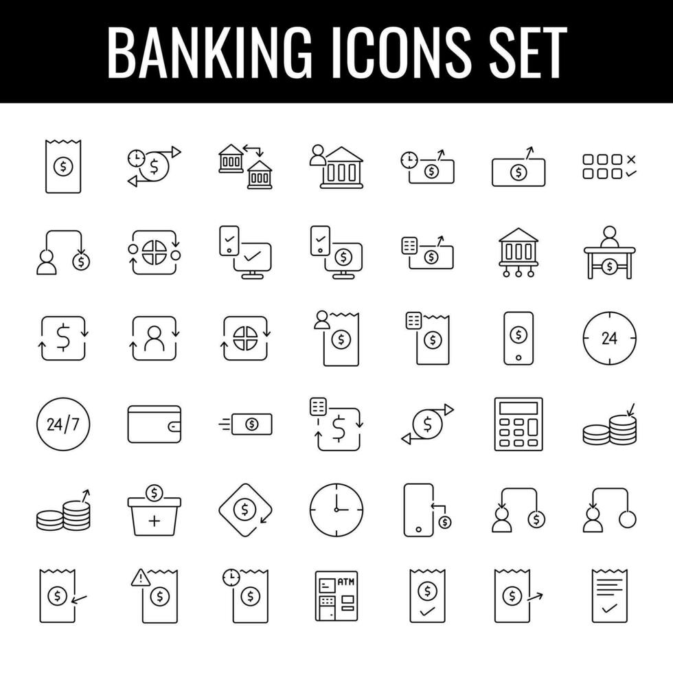 Flat style Banking Icon Set in Black line art. vector