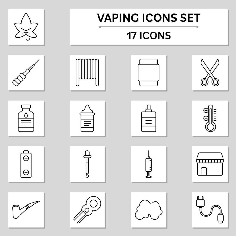 17 Vaping Black Stroke Icon Set On Grey And White Square Background. vector