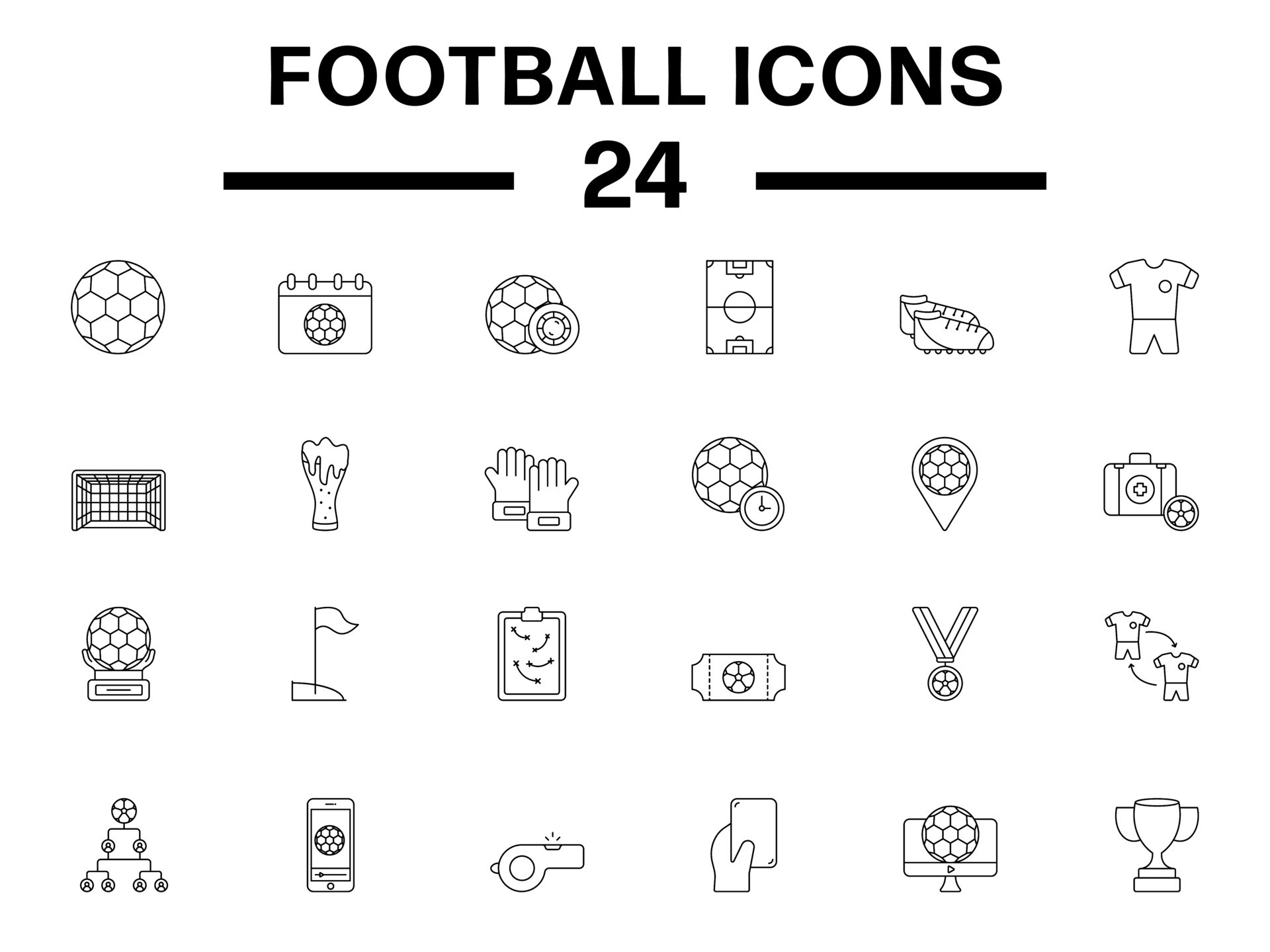 24 Football Icon Set In Black Thin Line Art. 24482763 Vector Art at