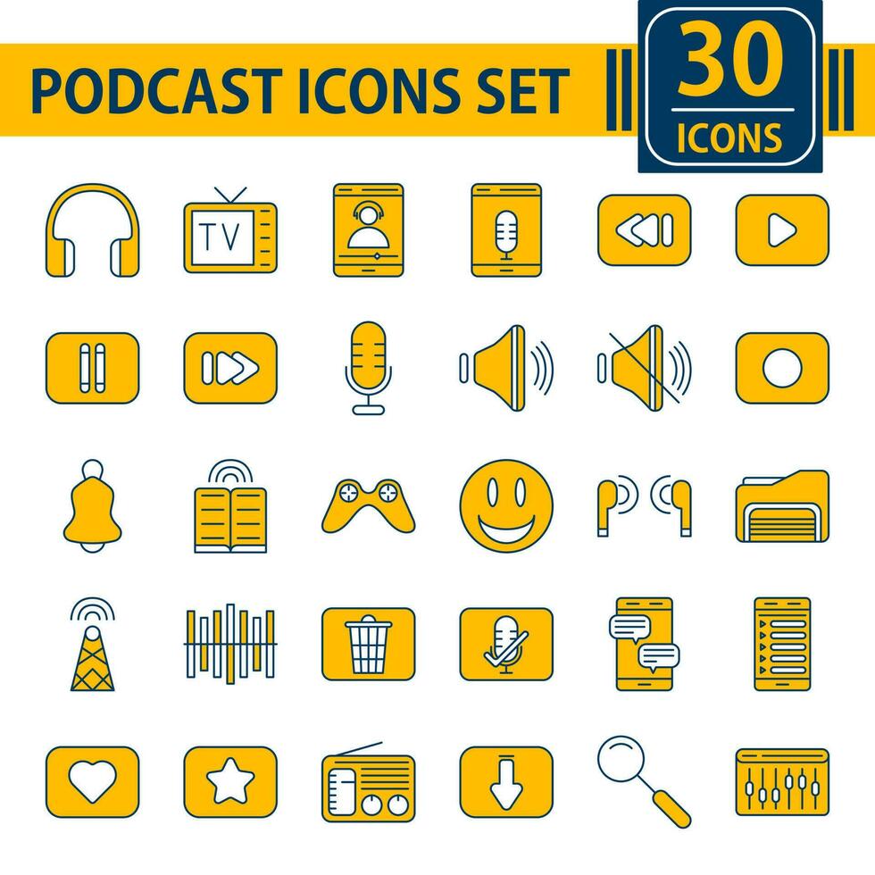 Flat Style Podcast Icon Set In Yellow And White Color. vector