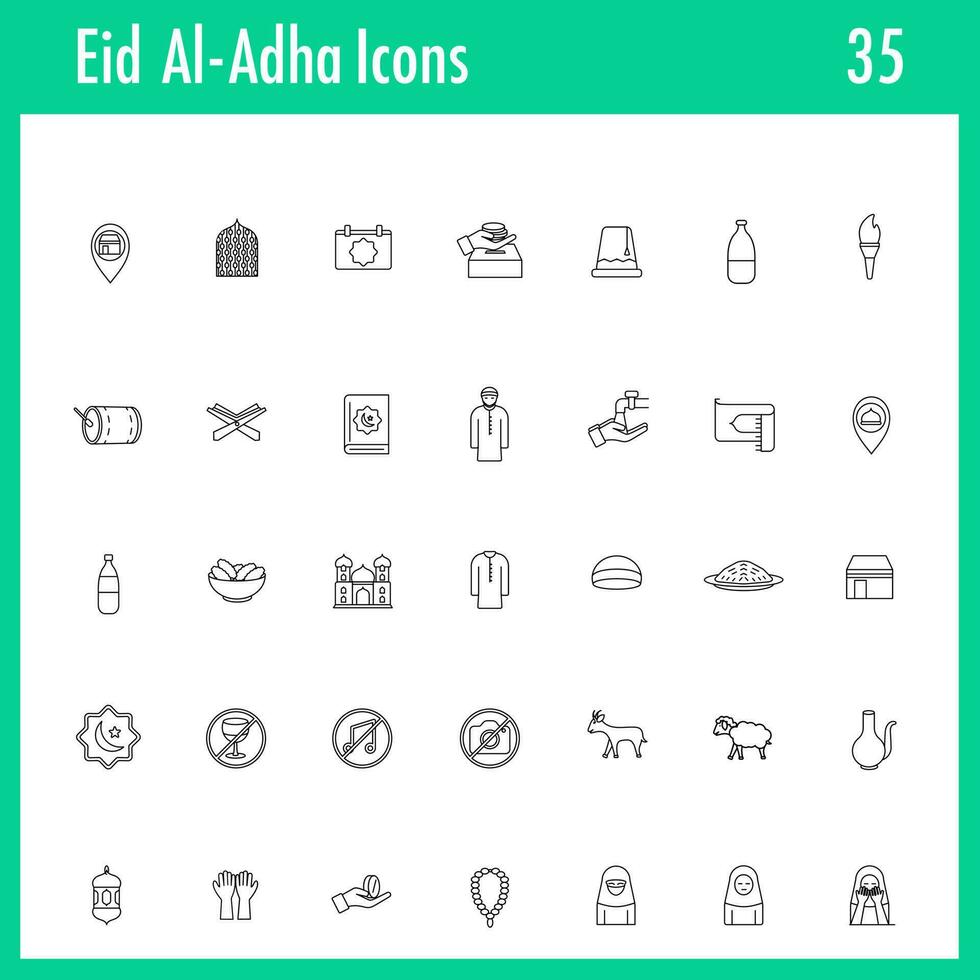 Black Line Art Eid-Al-Adha Icon Set On White Background. vector