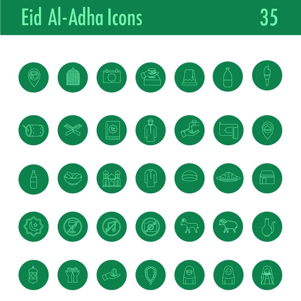 Green Eid-Al-Adha Icon Set On White Background. vector