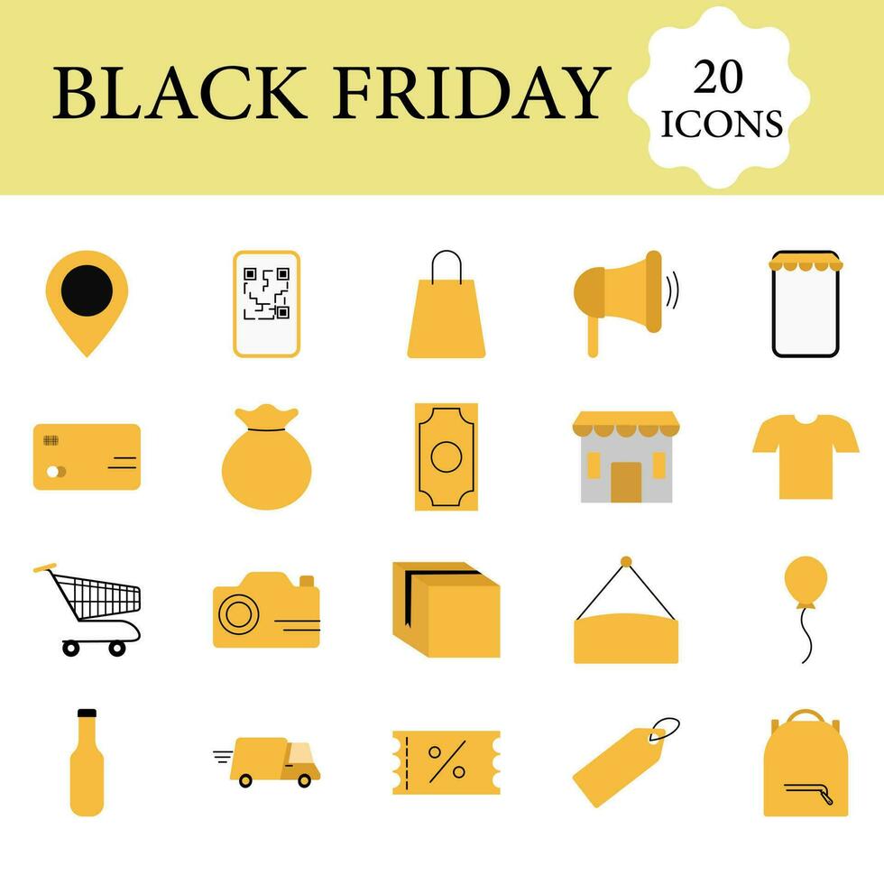 plano estilo 20 negro viernes icono conjunto en amarillo color. vector