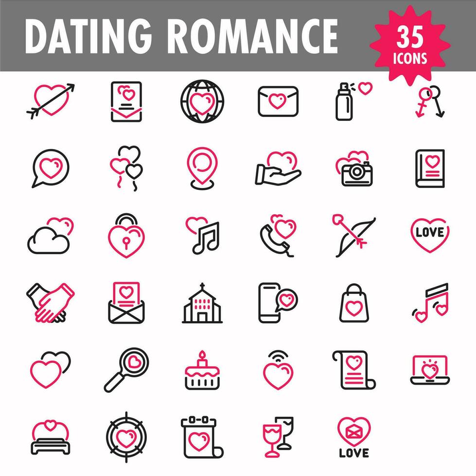 Line Art 35 Dating Romance Icons in Pink and Black Color. vector