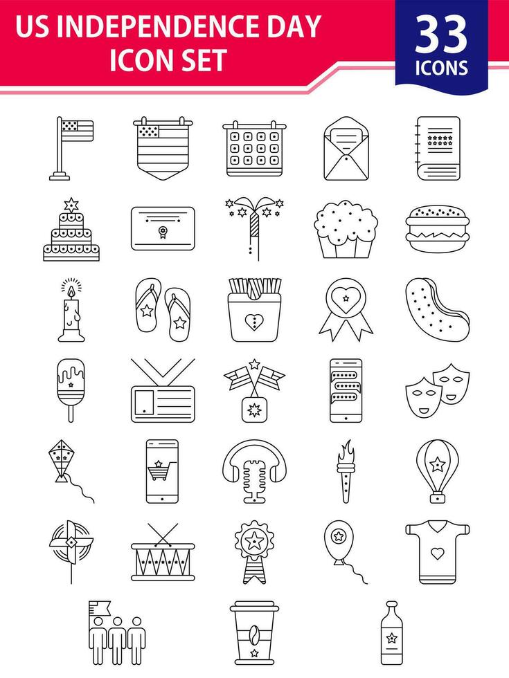 Black Line Art Set Of US Independence Day Icon In Flat Style. vector
