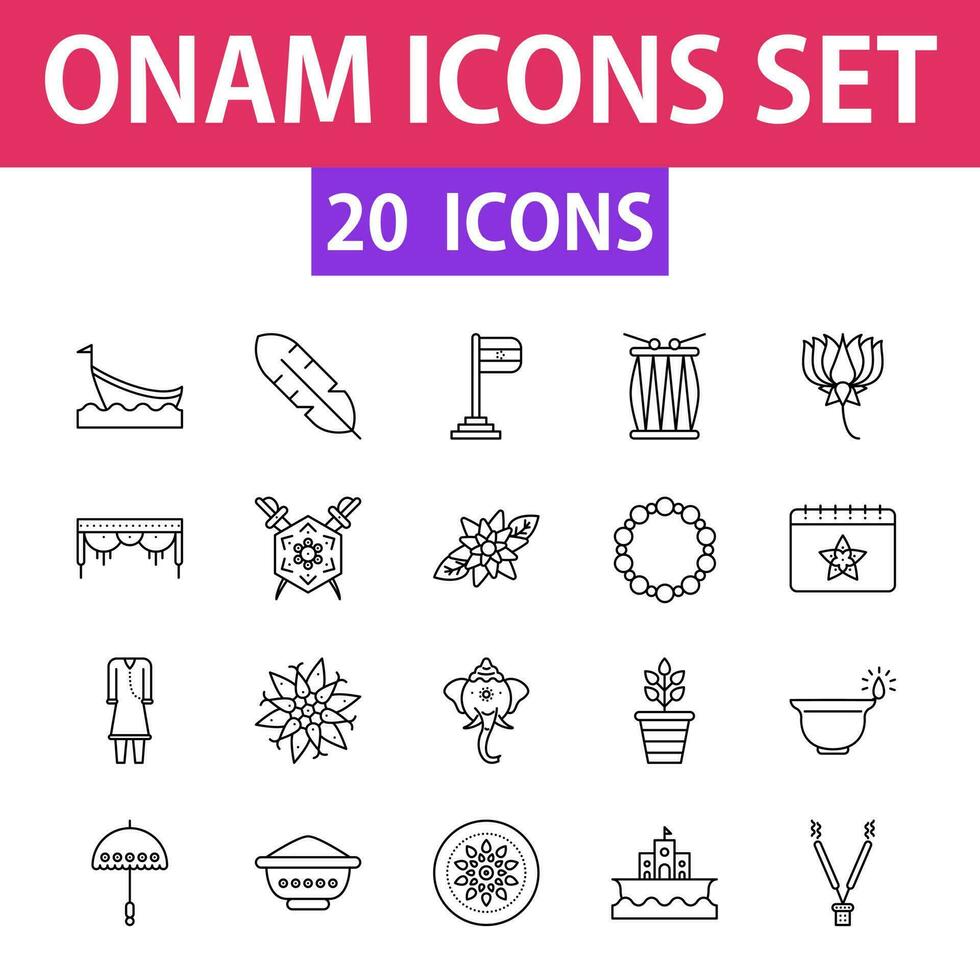 Black Line Art Set Of Onam Festival Icon In Flat Style. vector