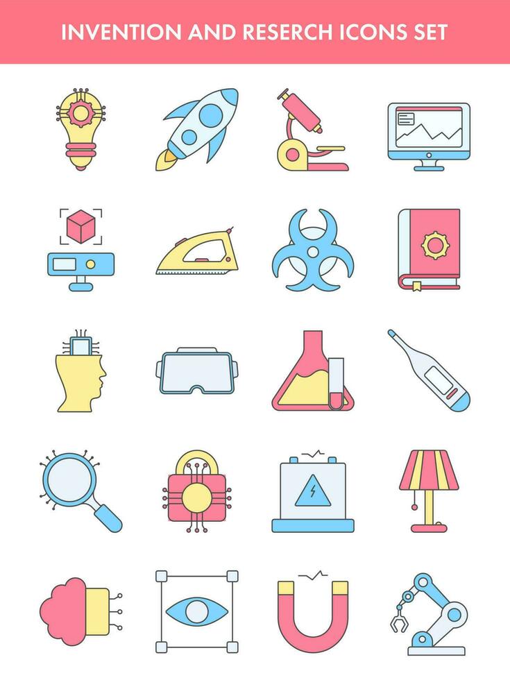 Illustration Of Invention And Research Icons Set In Yellow And Pink Color. vector