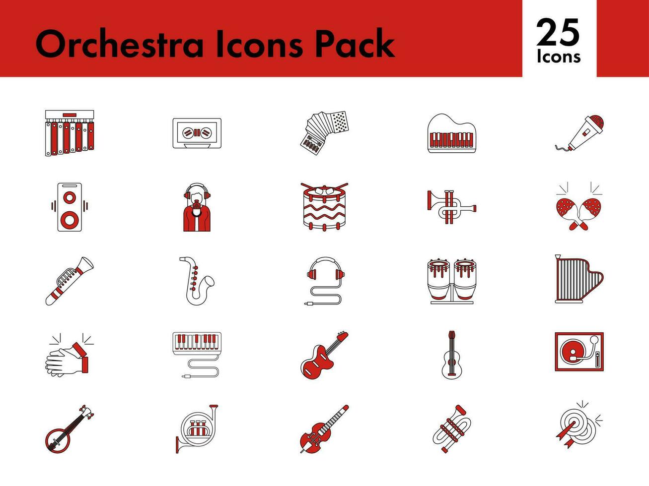rojo y blanco conjunto de orquesta icono en plano estilo. vector